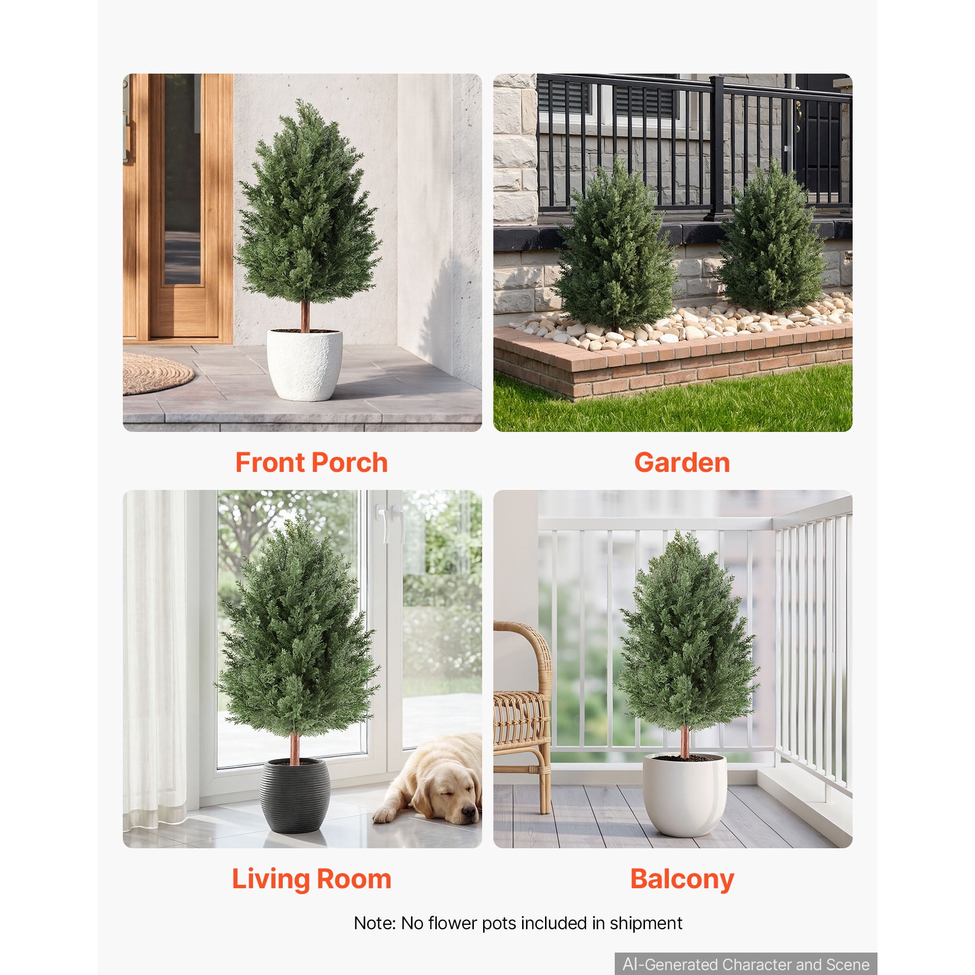 KFFKFF Artificial Topiary Cedar Bush 3 Ft Set of 2 Greenery Faux Shrubs, PE Decorative Trees with Ground Spikes, Indoor & Outdoor Green Plants for Entryway, Porch, Balcony, Patio, Garden