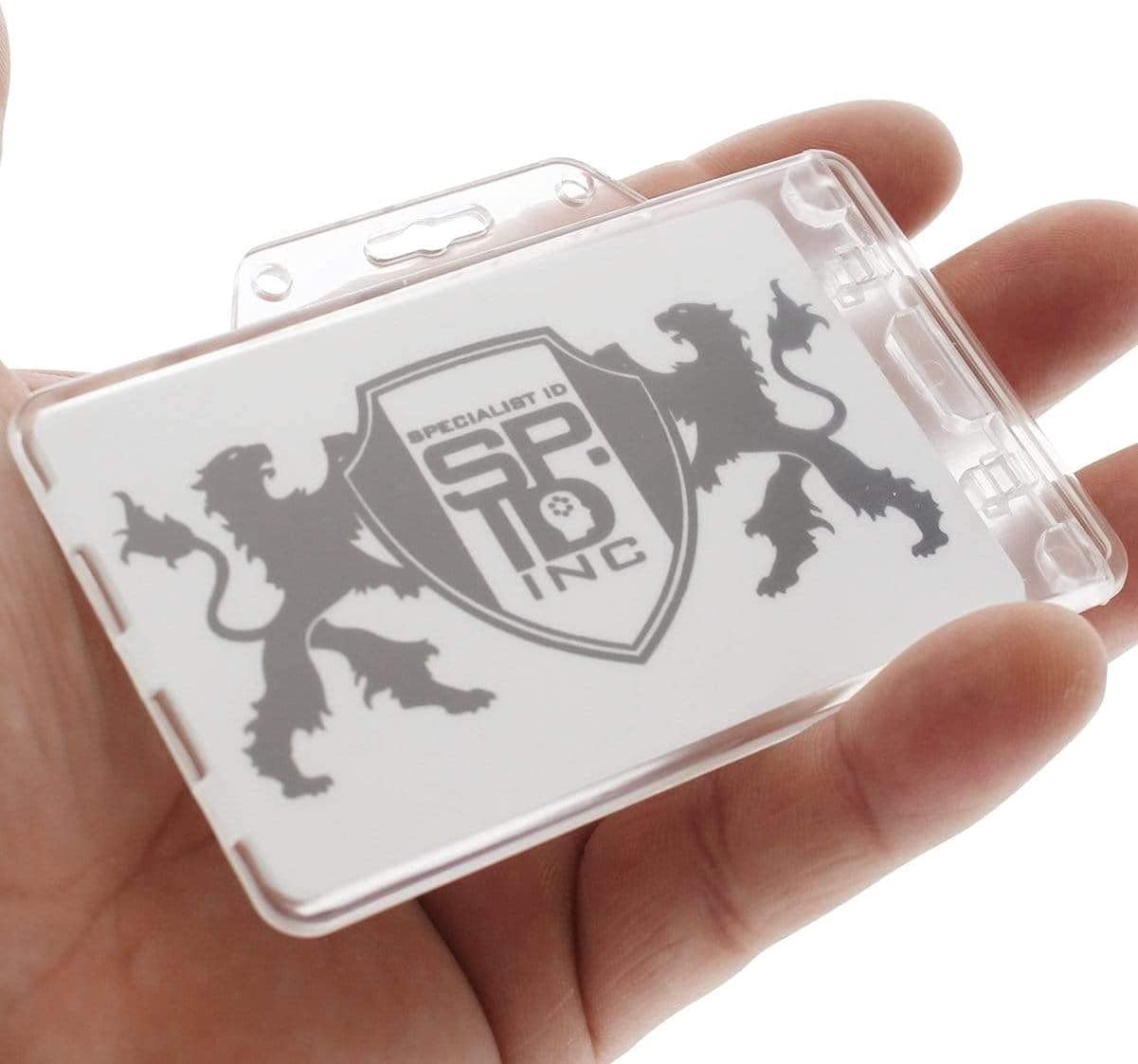 50 Pack - Heavy Duty Horizontal Permanent Locking Badge Holder - Crystal Clear Hard Plastic Case for Photo I.D. Badges or Proximity Cards by Specialist ID