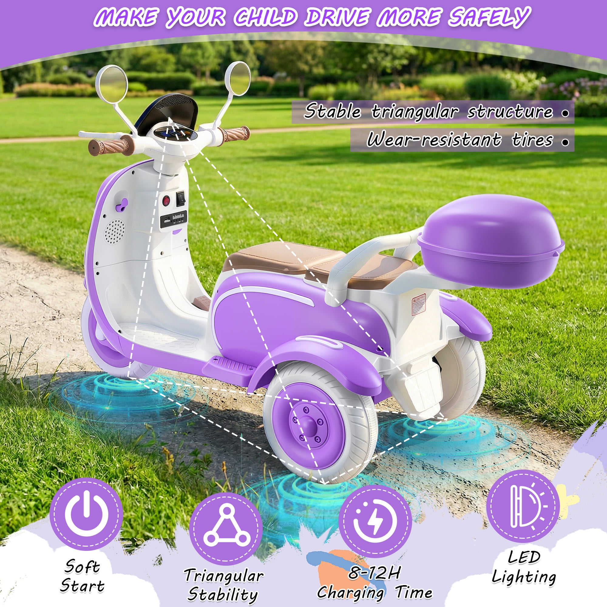 Funcid 12V Ride on Motorcycle with 3 Wheels, 2 Seater Kids Motorcycle with Storage Compartments, 2WD Electric Bike for Toddlers, Stable Structure, Cute Design, Music, LED Lights, Purple