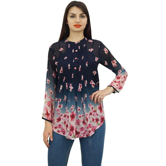 Phagun Women's Causal Floral Digital Printed Blue Long Sleeve Tunic Top Wear-4