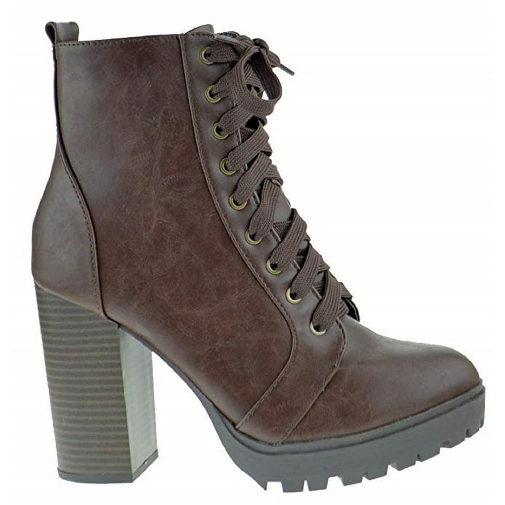 SODA - Balboa Women Ankle High Block Chunky Heel Lug Sole Lace Up Combat Boots Brown - Walmart