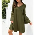 thumbnail image 4 of Vestido de manga acampanada con cuello en V y mangas largas acampanadas, simple, elegante, cómodo, suelto, casual, para la vida diaria, verde, XL, 4 of 7