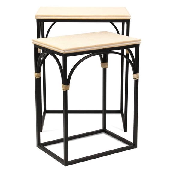 Claudette Set of 2 Rattan Accented Wood & Metal Rectangle Side Tables