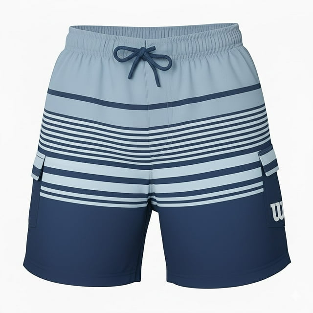 Traje de Baño Deportivo Wilson para Hombre Tipo Cargo Bolsas Laterales Jareta Ajustable Color Azul Marino Rayas Talla CH