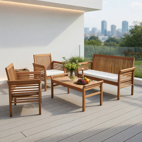 Kadyn 4-Piece Acacia Wood Outdoor Patio Sofa Set with Polyester Cushions – Loveseat, 2 Single Chairs & Coffee Table for Garden, Poolside, or Deck