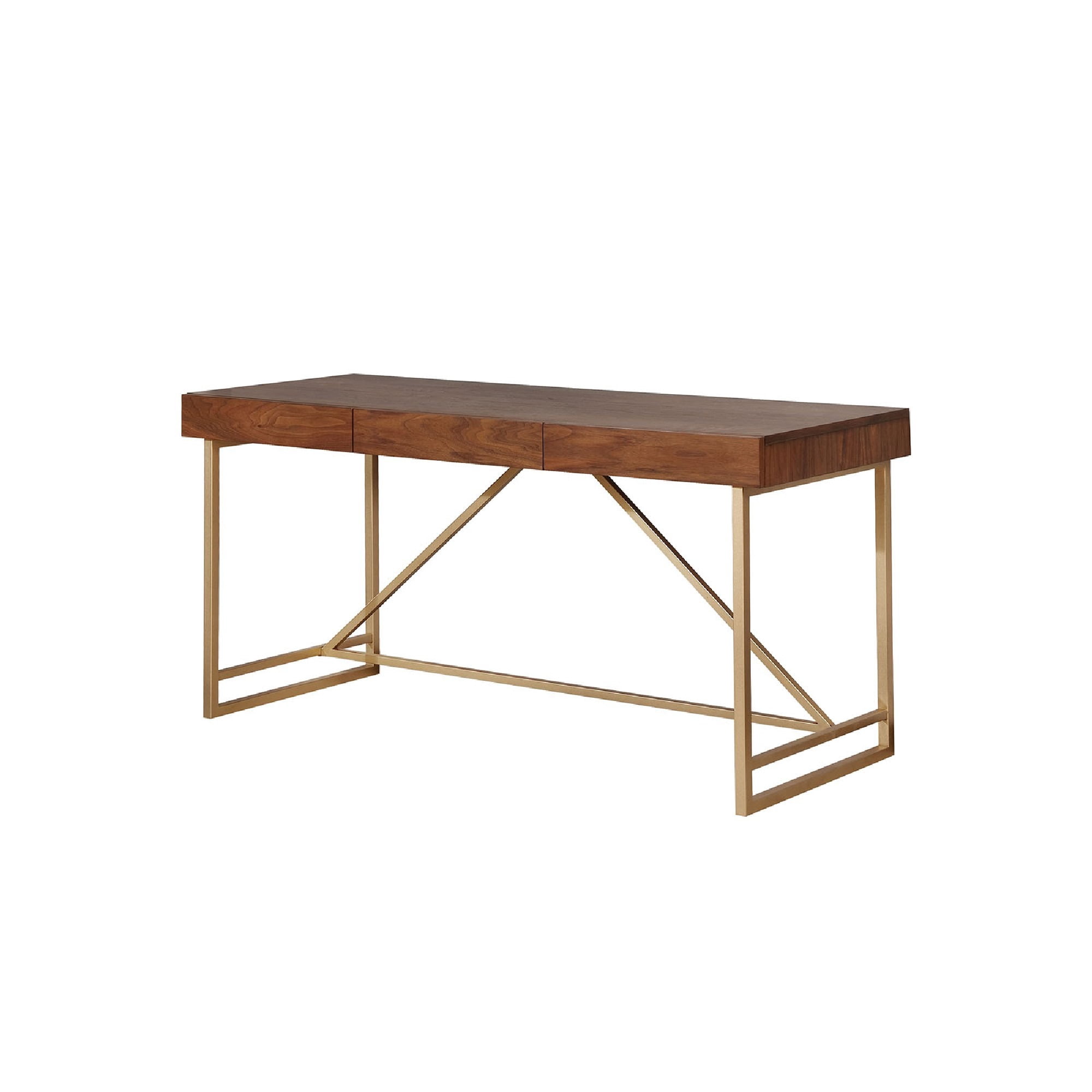 Wooden Writing Desk with Metal Legs, Walnut Brown Gold