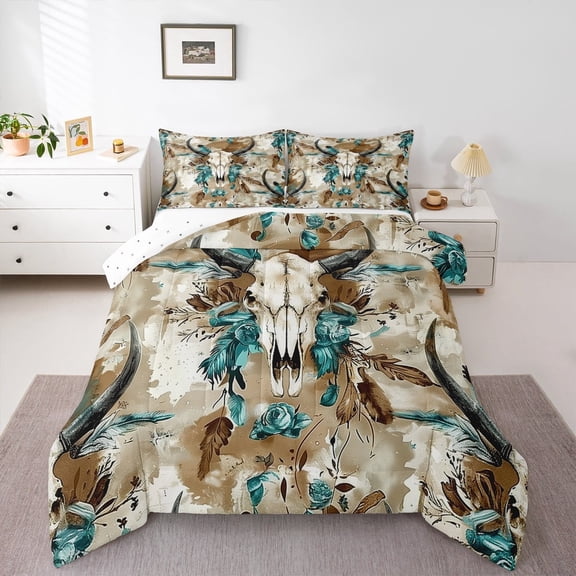 Erosebridal Ancient Bull Skull Bedding King Comforter Set,West Actec Style Down Comforter,Blue Flower Floral Bedding Sets King with Comforter,Lightweight Bedroom Decoration Reversible,3 Pieces