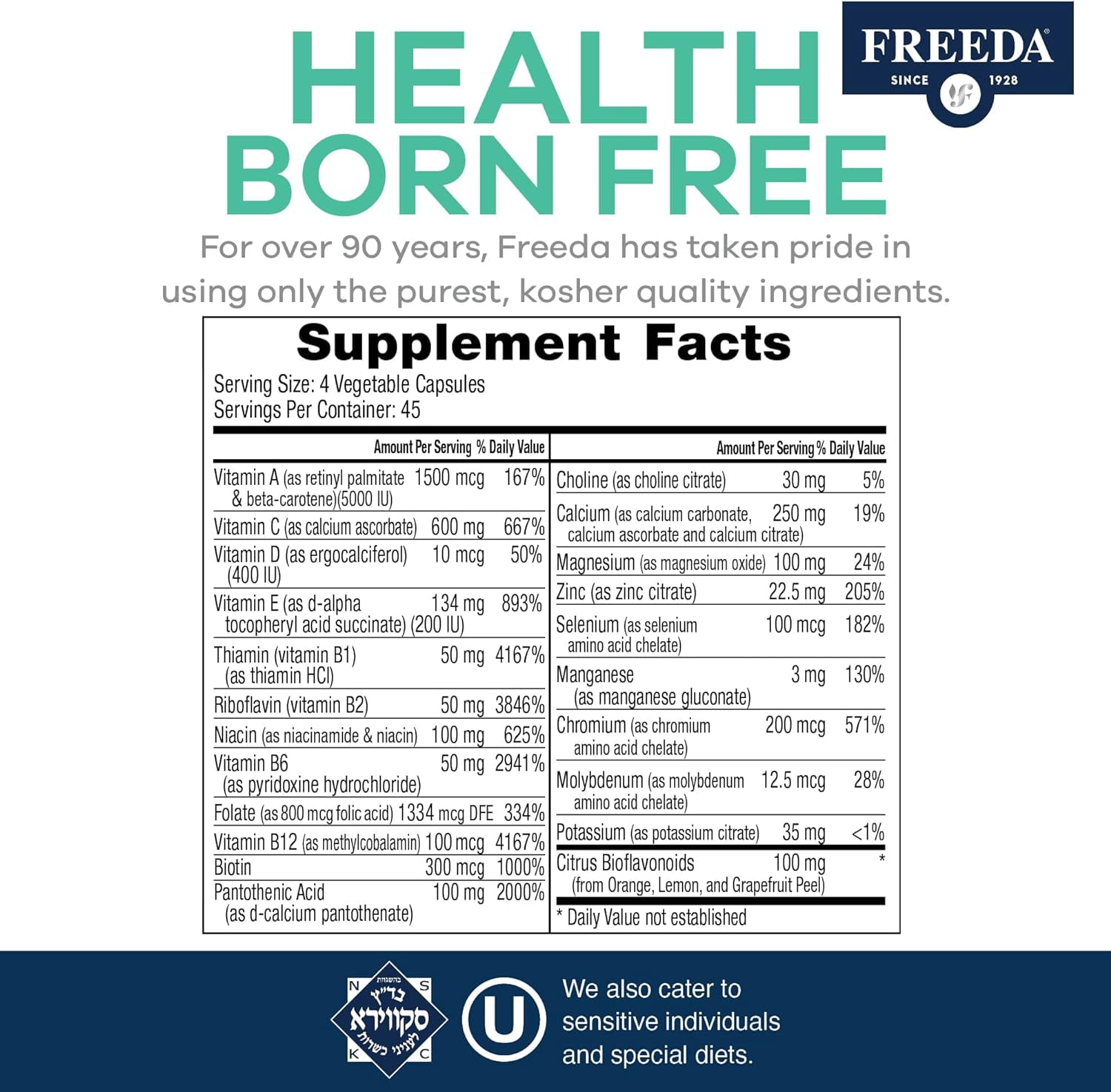 Freeda SCD Multivitamin Capsules Gluten Free Dietary Supplements for Specific Carbohydrate Diet, 180 Count