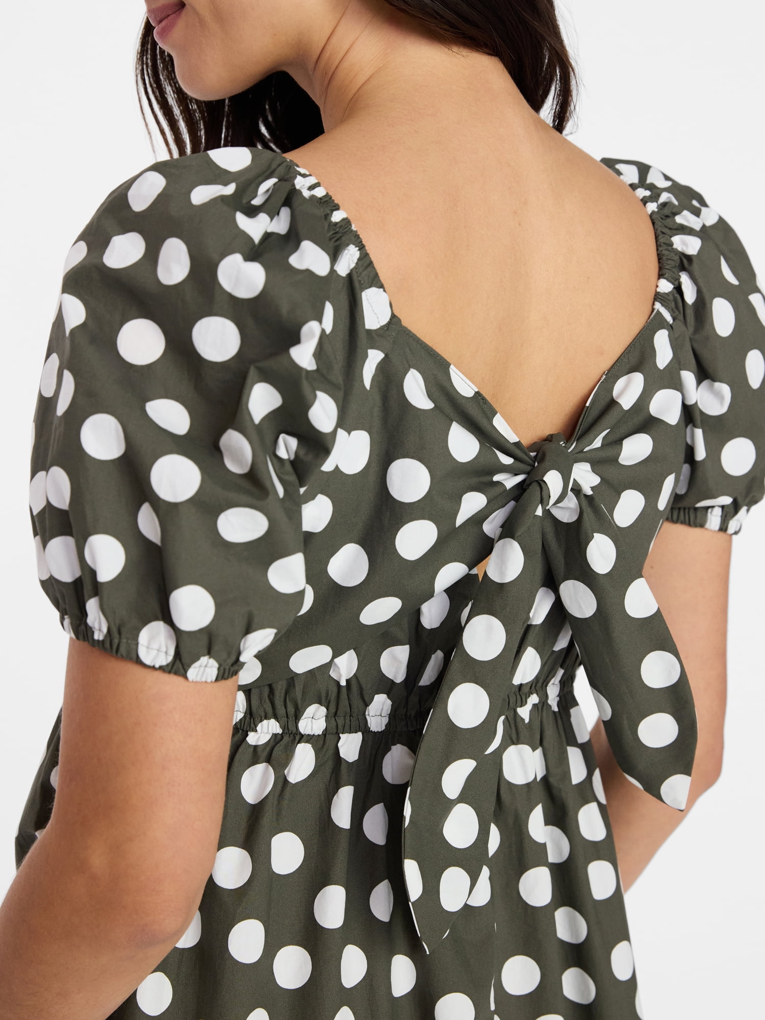 Time and Tru Women's and Women's Plus Cotton Back Tie Midi Dress with Short Puff Sleeves, Sizes XS-4X
