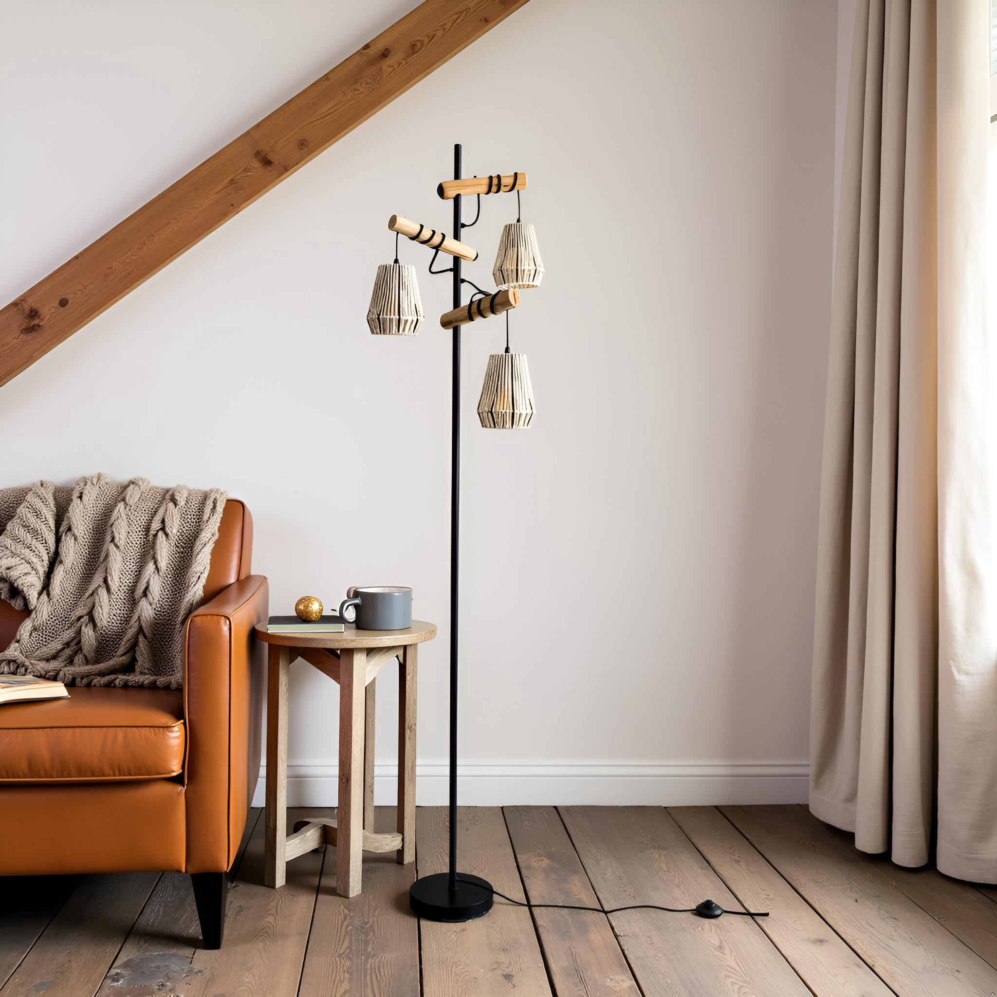 Tall Standing Lamps with 3pc Handmade Beige Shades, Modern Floor Lamps for Living Room, Bedroom, Study Room and Office
