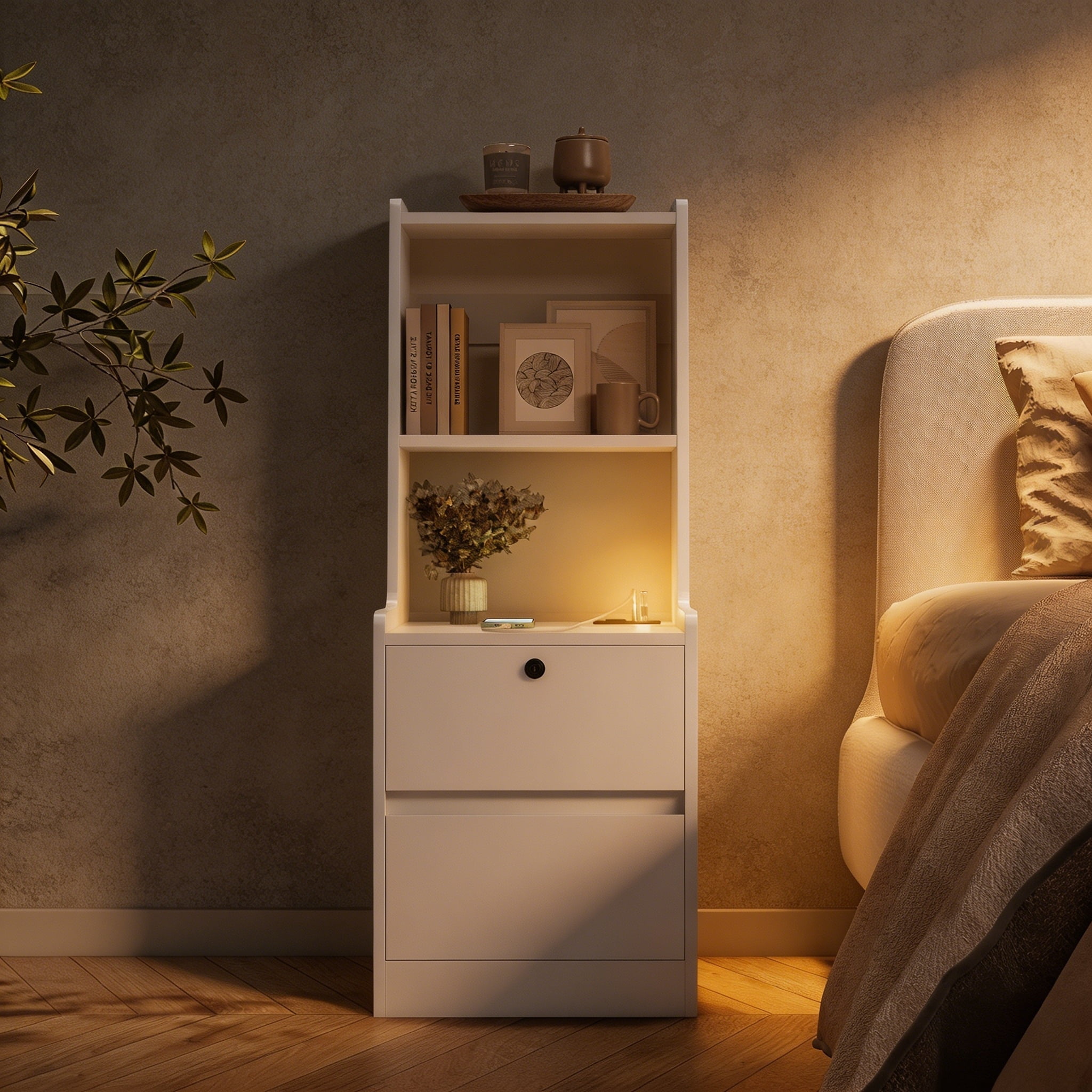 ANPPORT Modern White Smart Nightstands With Charging Station - Set Of 2