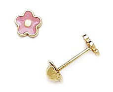 14Kt Solid Yellow Gold pink  Enamel Flower Earrings with covered screwbacks
