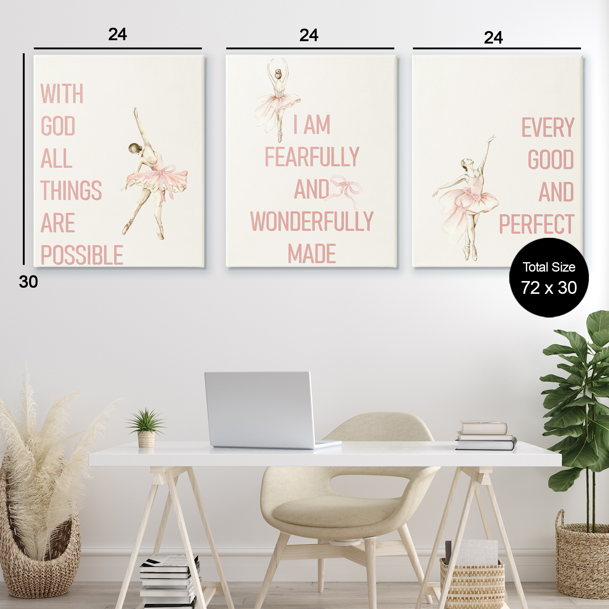 Faith Sentiments with Ballerinas 3 Piece Canvas Wall Art Set, design by Kim Allen