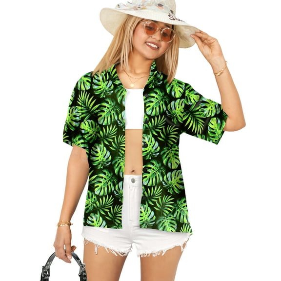 LA LEELA Women's Blouses Summer Button Down Short Sleeve Beach Party Vacation Versatile Hawaiian Shirt Cute Tops For Women S Leaves, Green