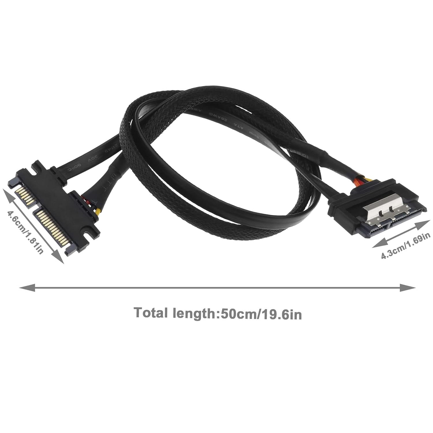 HRTGFD-22 Pin SATA Power Extension Cable 7+15 Male to Female Data Cable with Locking Latch for SATA (Serial) Hard Drives 50cm