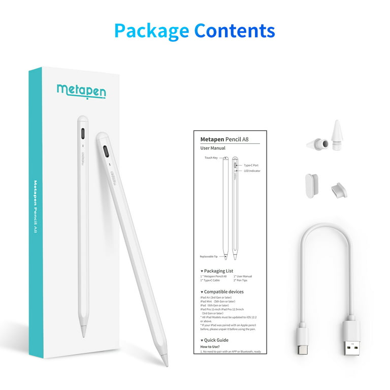 Metapen iPad Stylus Pen, Faster Charge Apple Pens with Tilt Functionality  for iPad 10/9/8/7/6th Gen, Smooth Drawing