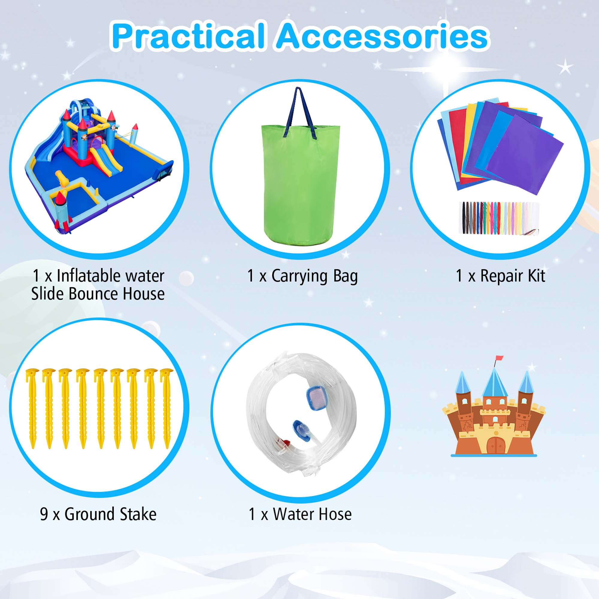 Costway Rocket Theme Inflatable Water Slide Park with 2 Slides Splash Pool without Blower