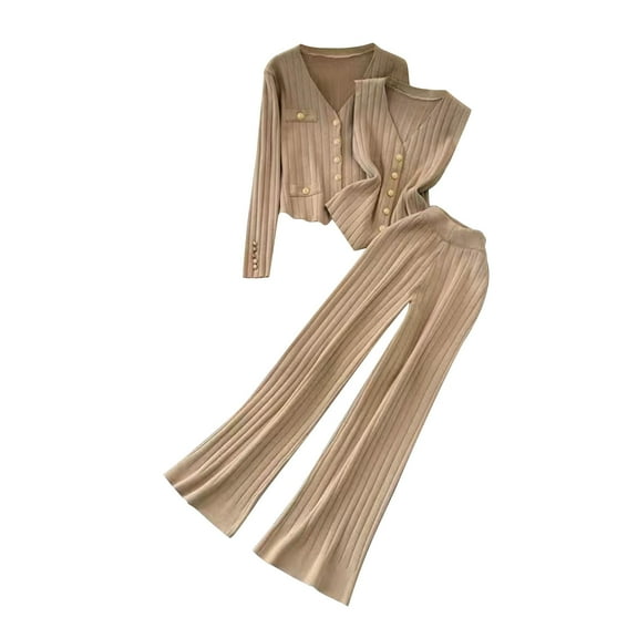 YABCSAZ Women's Long Sleeve Sweater Sets Oversize V Neck Knitted Top Shirts Sleeveless Vest Pants 3 Piece Outfits Sets Casual Loose Soft Sweater Sets 2024 Christmas Gifts for Women