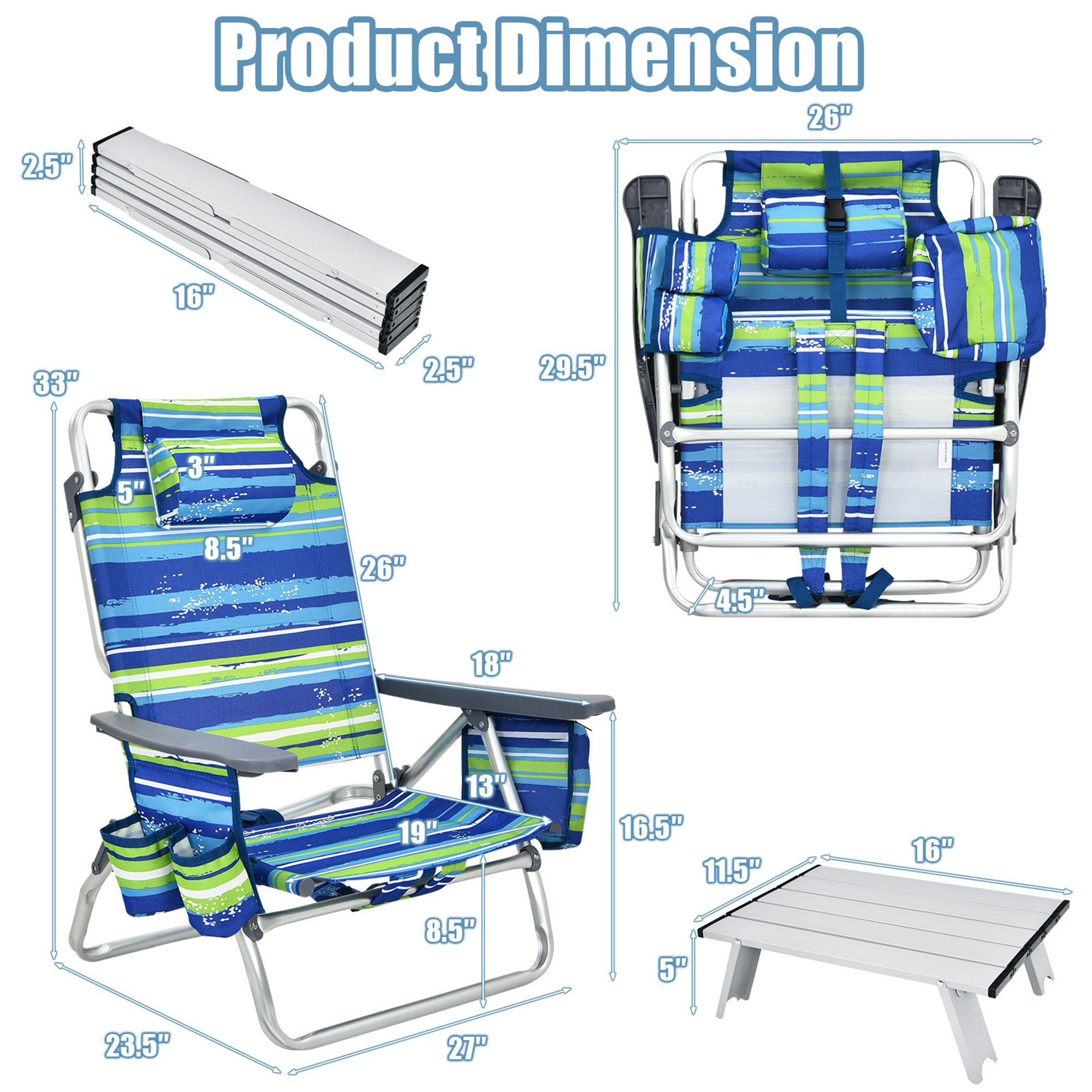 Gymax 3PCS Folding Beach Chair & Table Set Outdoor Adjustable Reclining Chair - image 2 of 10