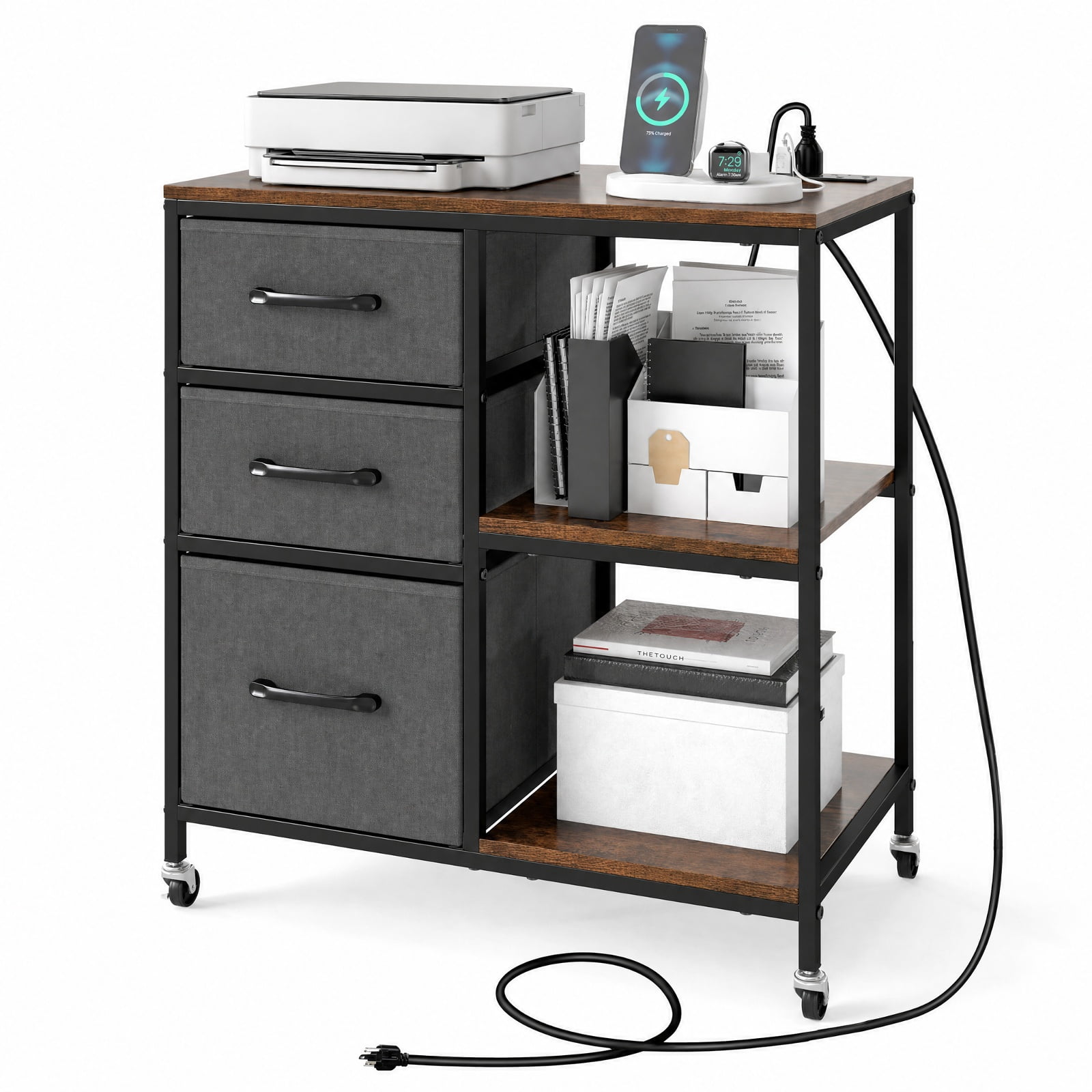 Furnibear 3 Drawer Mobile File Cabinet with Charging Station Rolling Printer Stand with Open Storage Shelves for Home Office Filing Document, Brown
