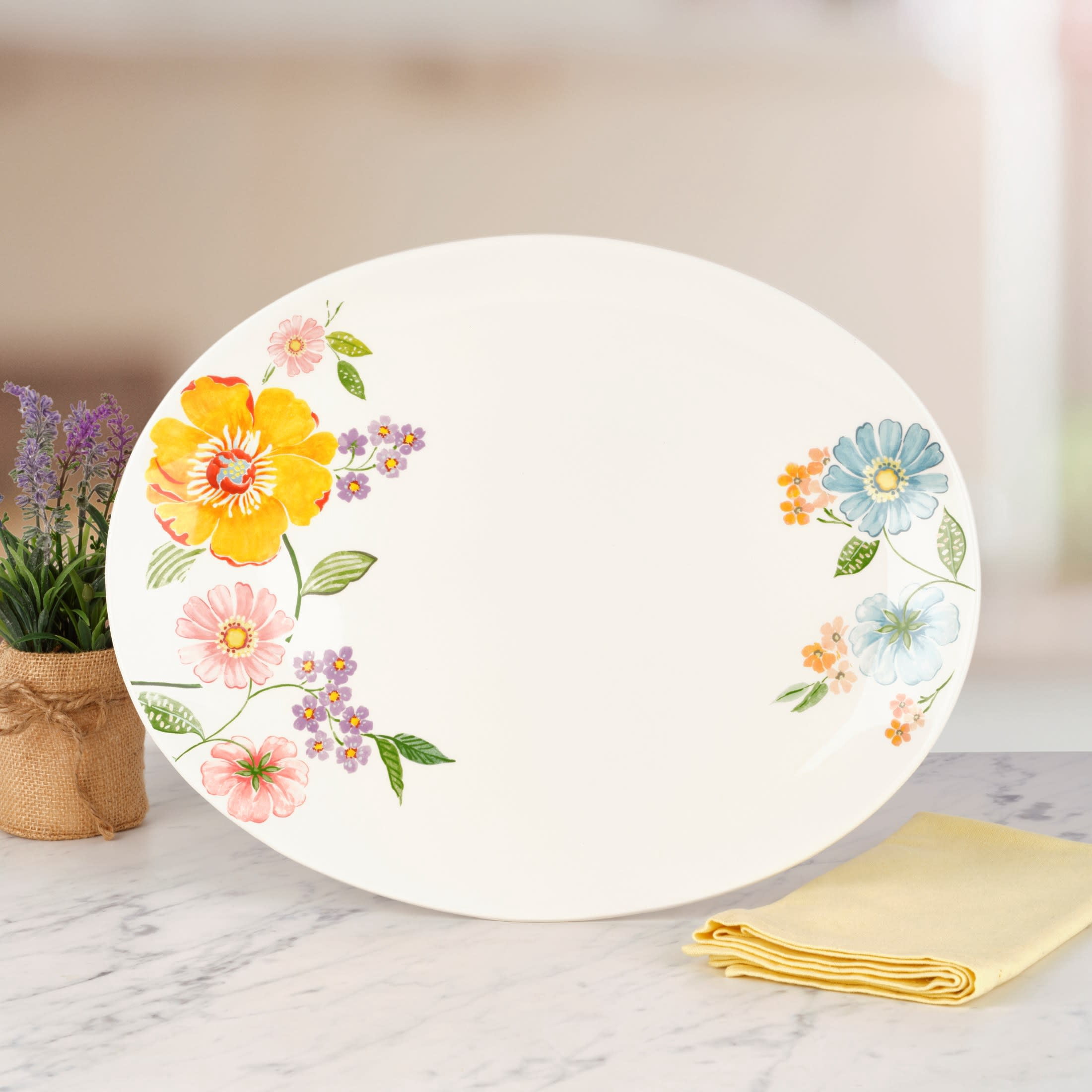 Fitz and Floyd Meadow White Earthenware 16" X 12 3/4" Large Shallow Serving Platter