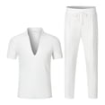 thumbnail image 2 of StSilkitty Men's 2 Piece Casual Outfits Solid Color Short Sleeve Collared V Neck Shirts and Drawstring Shorts Sets Lightweight Comfy Set, 2 of 6