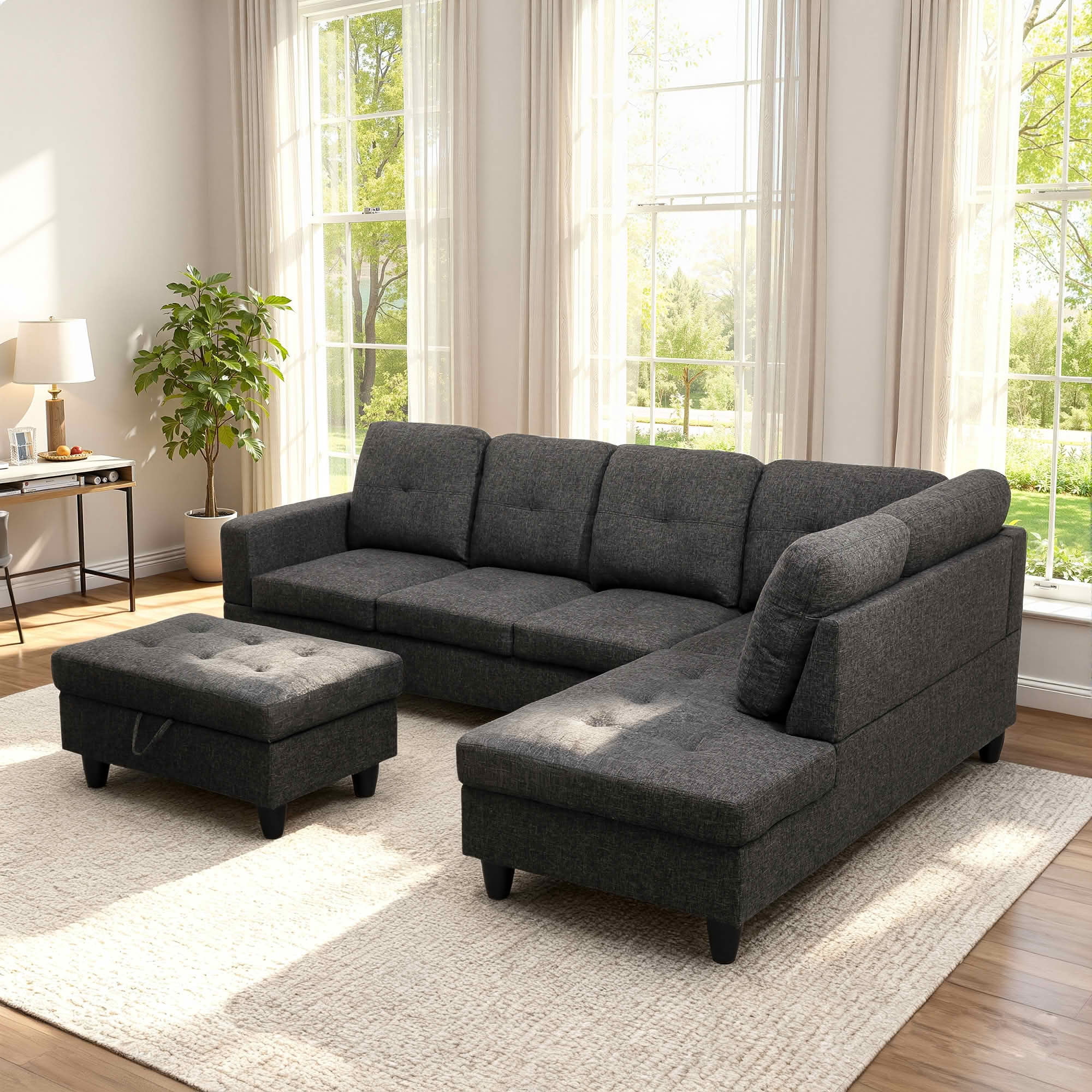 MAYEERTY 103.5" Black Gray Flannel & Faux Leather L-Shaped Sectional Sofa, 3 Piece Tufted Corner Couch with Storage Ottoman Solid Wood Frame
