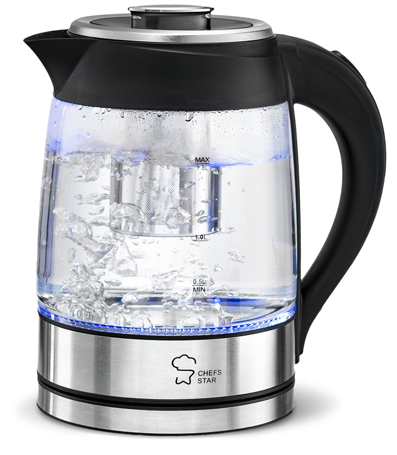 chef's star borosilicate glass electric kettle with infuser, 1.8liter