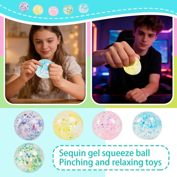 2pc Sequined Gel Squeeze Ball Set, Sparkly Bouncy Stress Relief Fidget Toys, Portable Sensory Toy Bundle, Random Color, Anxiety Relief for Home Office School