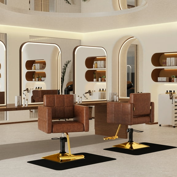Baasha High-end Salon Chair, Gold & Brown Styling Chair, Faux Leather, 360° Swivel, 330 lbs Weight Capacity, Memory Foam Cushion, Arm Rest, Ergonomic, Adjustable Height, Foot Rest, PU Leather