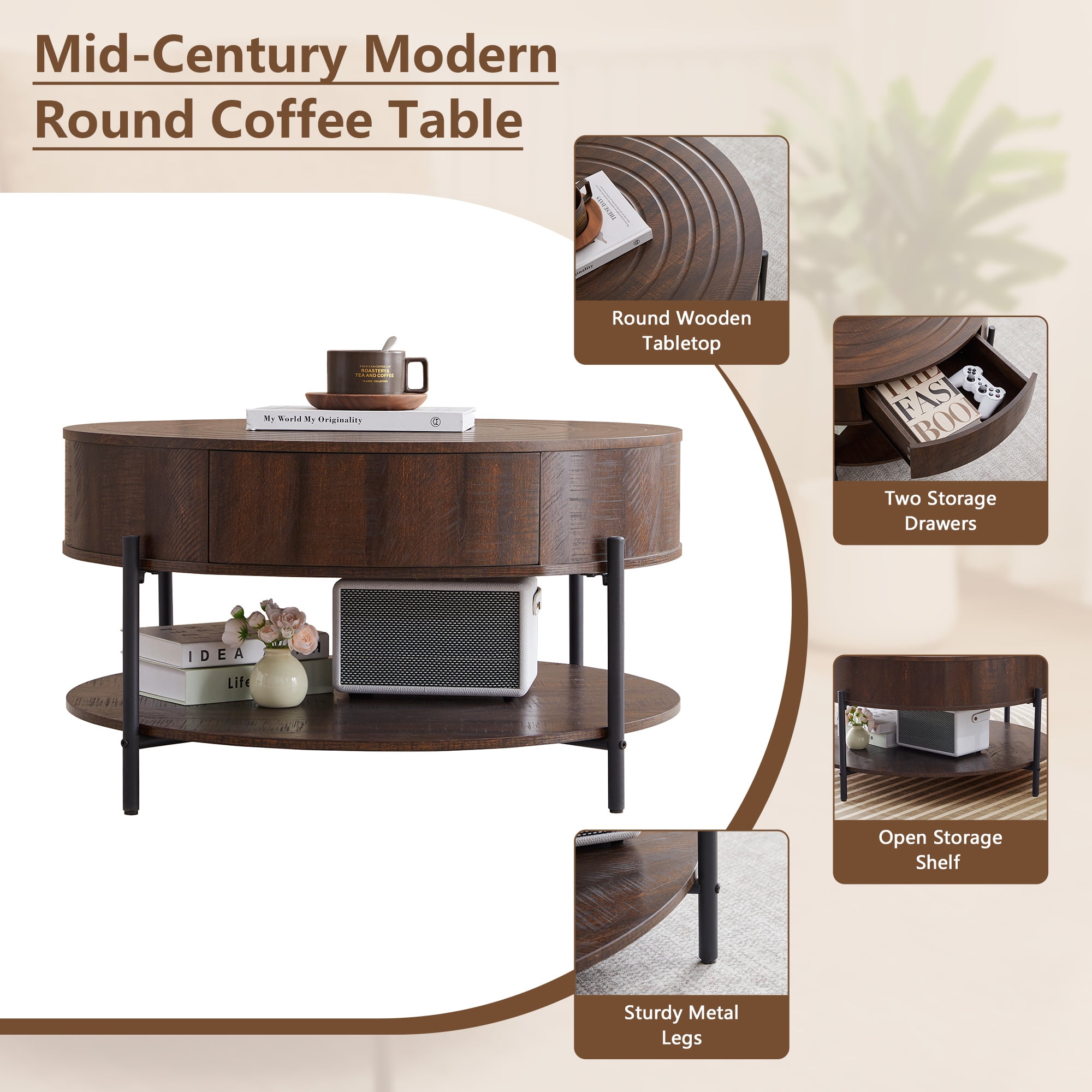 Wirrytor 30" Round Coffee Table with 2 Drawers and Storage Shelf, Modern Farmhouse Tea Table with Natural Tree Rings Top, Dark Brown
