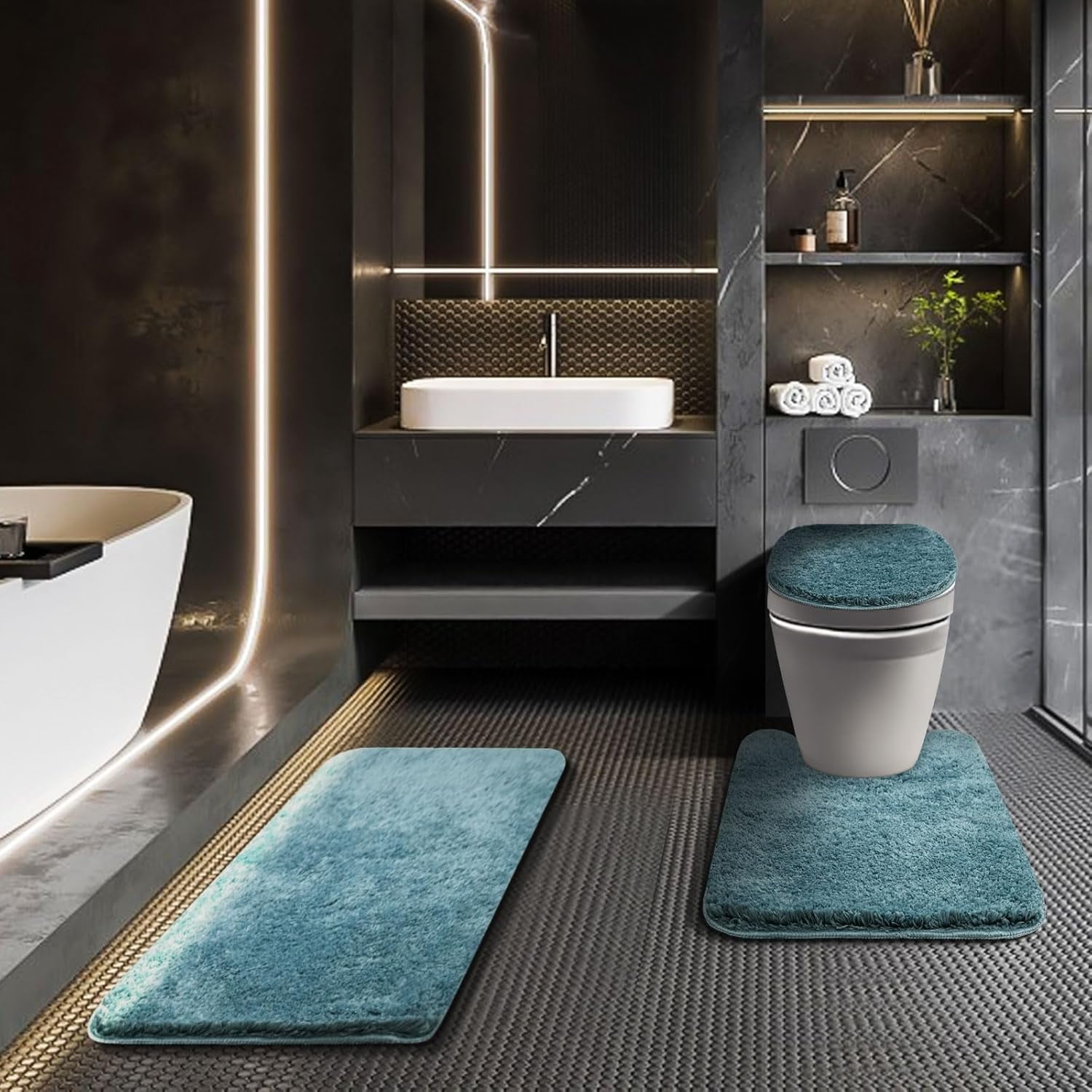 Sage Green Bathroom Sets with Shower Curtain and Rugs Waterproof Shower Curtain Sets 1 Piece and Soft Bathroom Rugs Sets 3 Piece for Luxury Bathroom Decor Set