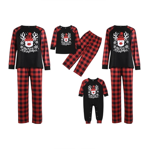 Family Matching Pajamas Set Cartoon Print Tops and Plaid Pant Sleepwear