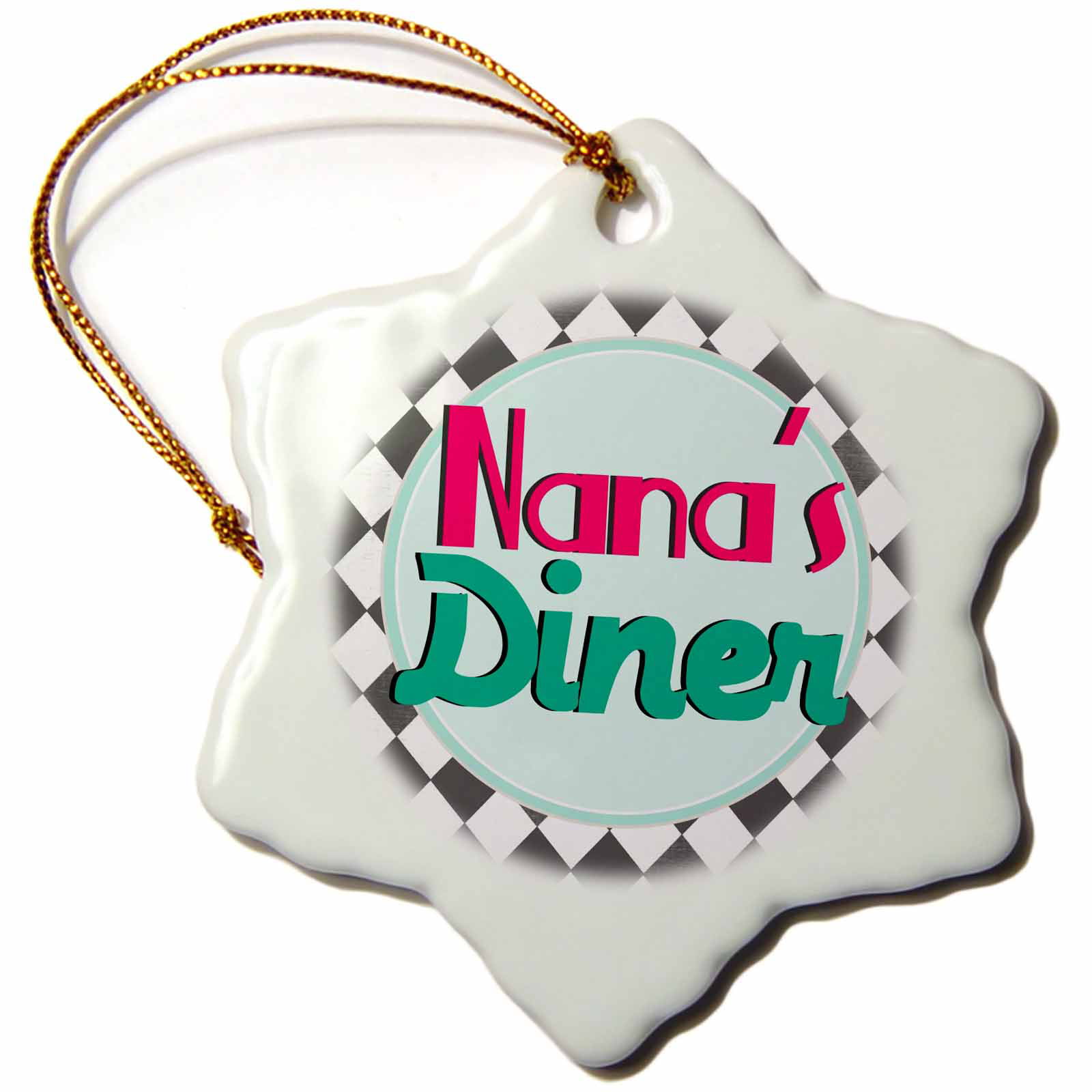 3dRose Nanas Diner sign on black - Retro hot pink turquoise teal blue 1950s 50s fifties Grandmas kitchen - Snowflake Ornament, 3-inch