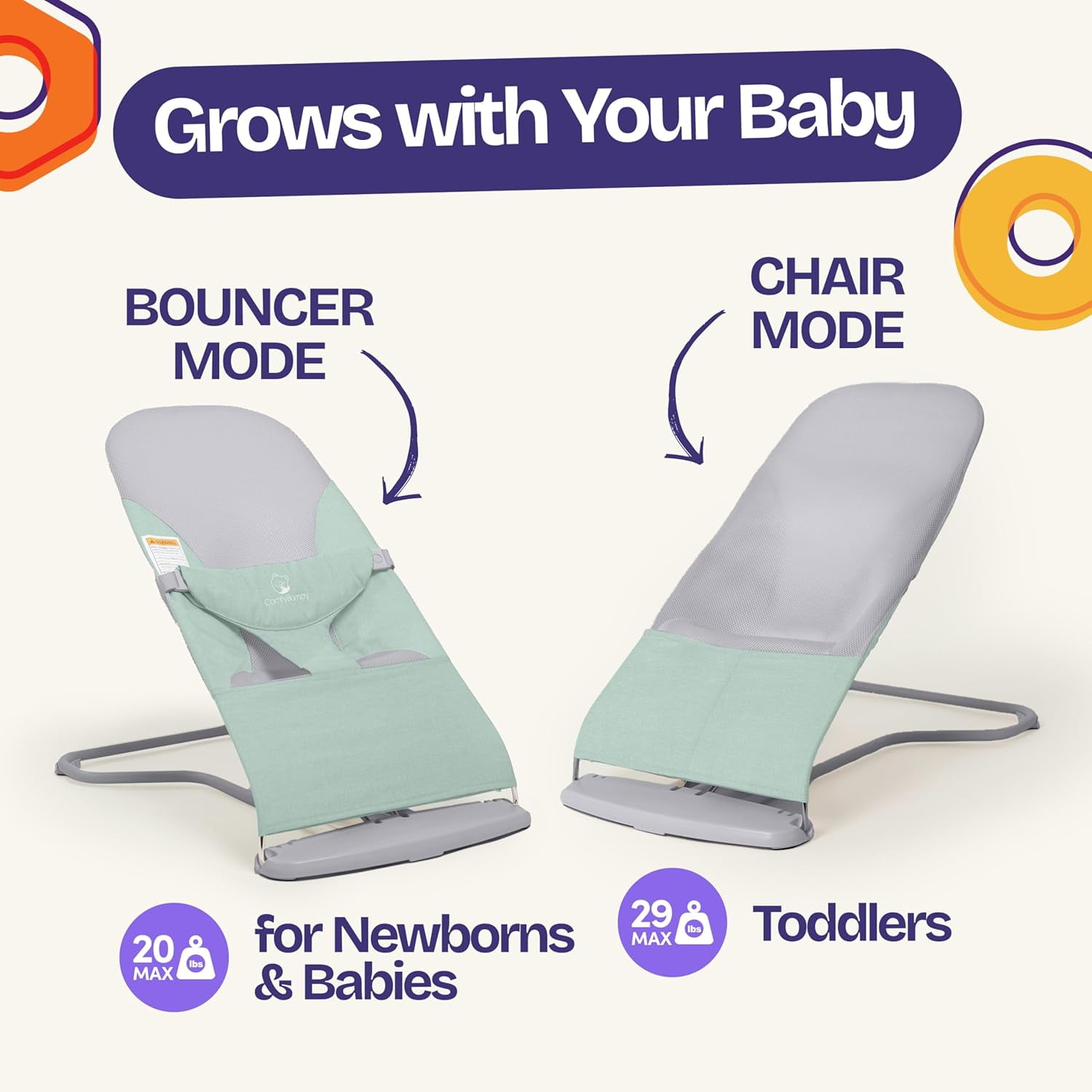 ComfyBumpy Ergonomic Baby Bouncer Seat - Portable Bouncing Chair with Adjustable Height Positions- Green