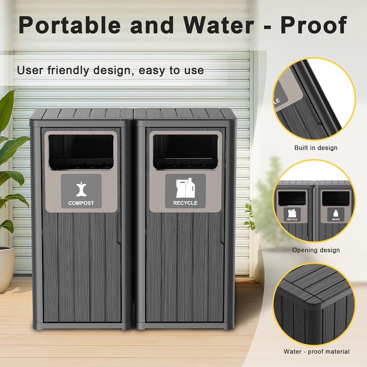 Outdoor Two Barrel Trash Can – Waterproof Resin Garbage Bin with Recycling Labels – Fits 30-39 Gallon Trash Bags, Durable Waste Bin for Porch, Backyard & Kitchen(33.07 * 16.54 * 35.43)