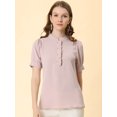 thumbnail image 2 of Blusa de trabajo Allegra K con cuello redondo y mangas cortas Tapeta de medio botón volantes Rosa L, 2 of 6