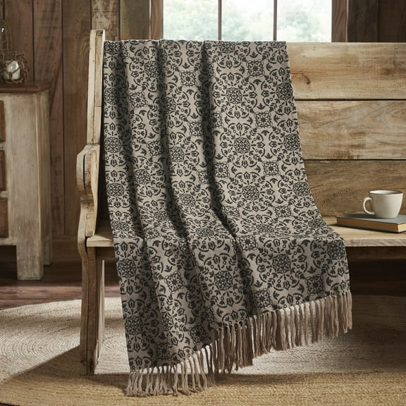 VHC Brands Custom House Black & Tan Jacquard Woven Throw 50x60, Bedroom and Living Room Decor, Blanket, Cotton, Custom House Collection, Rectangle 60x50, Natural