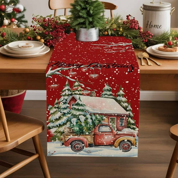 Burlap Table Runner 36 Inches Long,Christmas Tree Farm Truck Non-Slip Kitchen Table Runners for Dining Room Everyday Use Party Table Decorations Snowy Farmhouse on Red