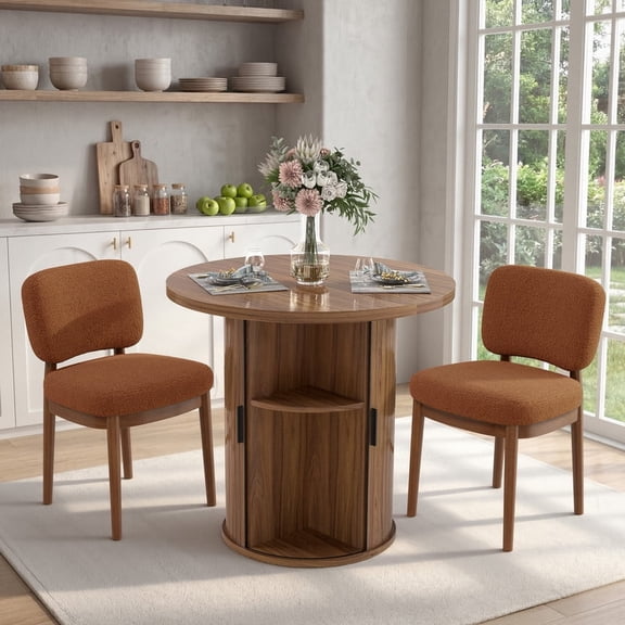 Hawsaiy 3-Piece Dining Table Set for 2, 31.5" Round Kitchen Table with Boucle Upholstered Dining Chairs, Small Space Dining Set with Sliding Storage Base, Modern Farmhouse Dining Set