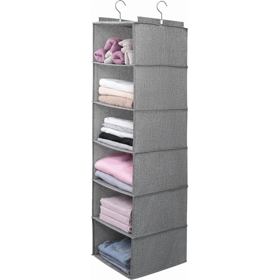 MORAVE Grey 6 Shelf Large Hanging Sweater Organizer for Closet, Collapsible Hanging Closet Shelves with Drawers, Washable Storage Solution