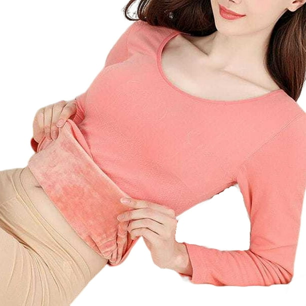 Women Thermal Underwear Winter Cold Thickened Women Thermal Underwear  Weather Basic Top Round Neck Long Sleeve Solid Color Base Clothing  Comfortable Casual Pink XXS 