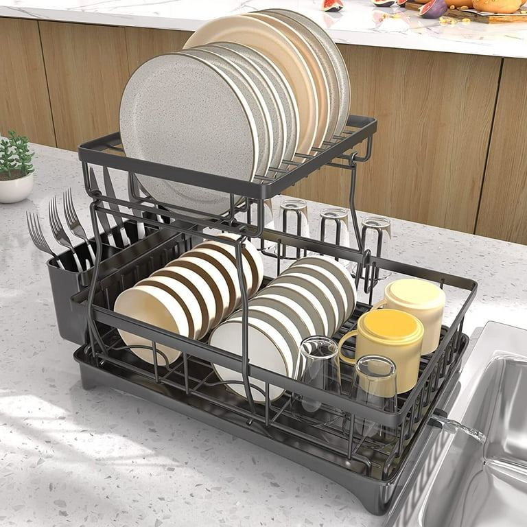 Techvida Over Sink Dish Drying Rack, 2-Tier Adjustable Stainless Steel  Storage, with Rod Drainboard and Hanging S Hooks Silver 