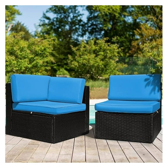 2 Pieces Patio Furniture Set Outdoor Loveseat All Weather PE Rattan Sofa Chair Set Corner Sofa Armless Sofa with Padded Soft Cushion (Blue)