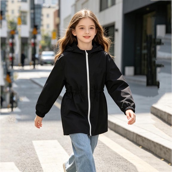 LRen Teens Hooded Windbreaker Jacket Drawstring Waist Long Coat, Lightweight Zip Up Spring Fall Outerwear for Big Kids, School Daily Wear