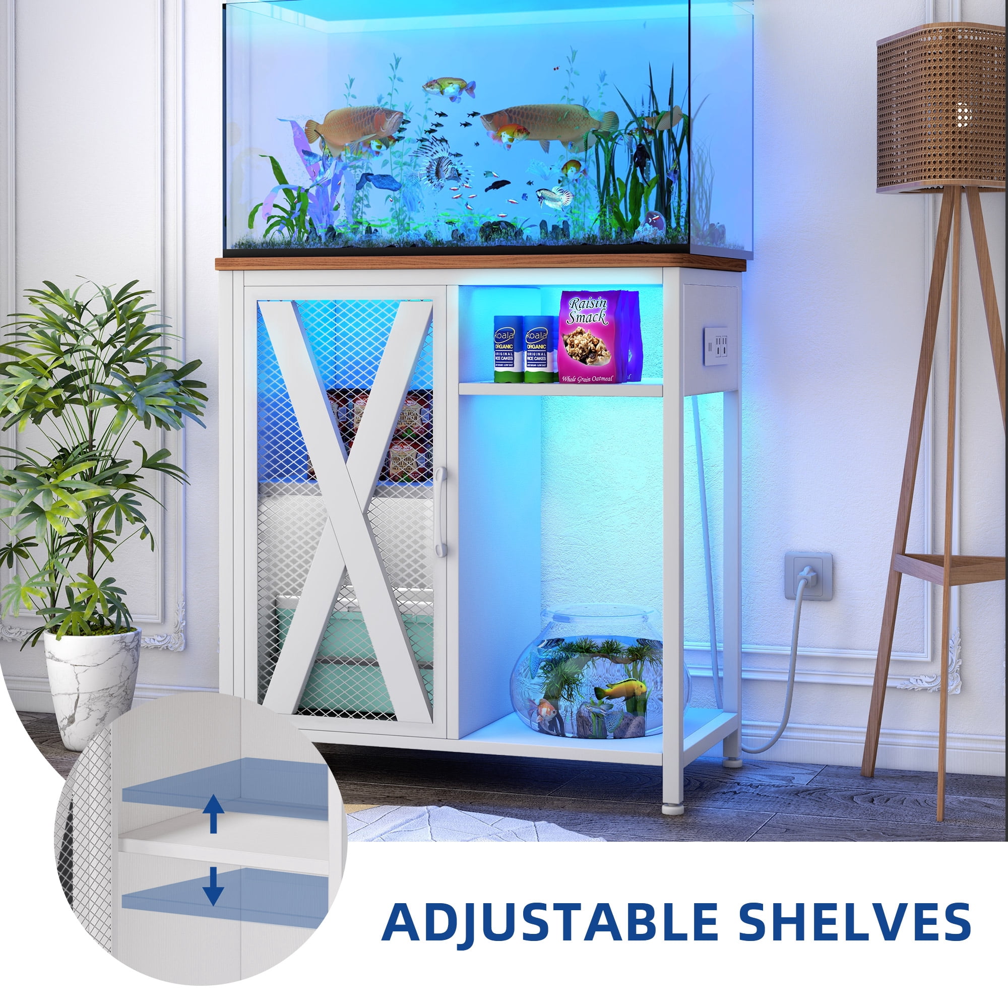 Uforic Aquarium Stand with Power Outlets & LED Light and Cabinet for 20-30 Gallon Fish Tank Stand, Turtle Tank, Reptile Terrarium - White