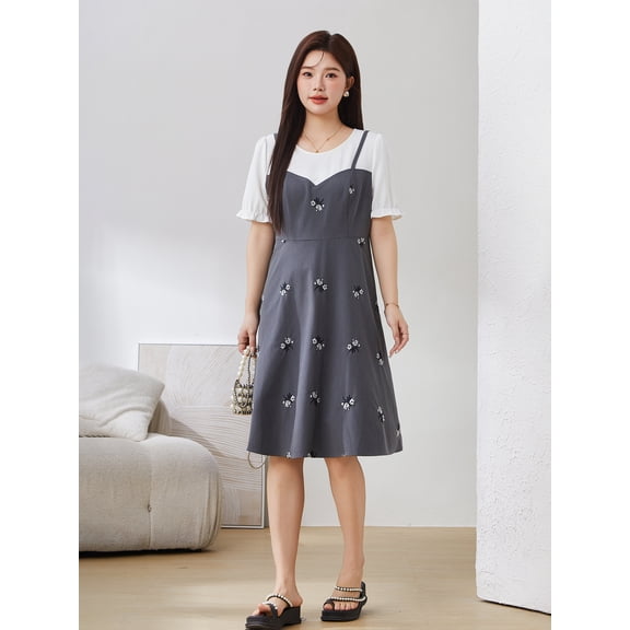 Fake two-piece suspender embroidered dress