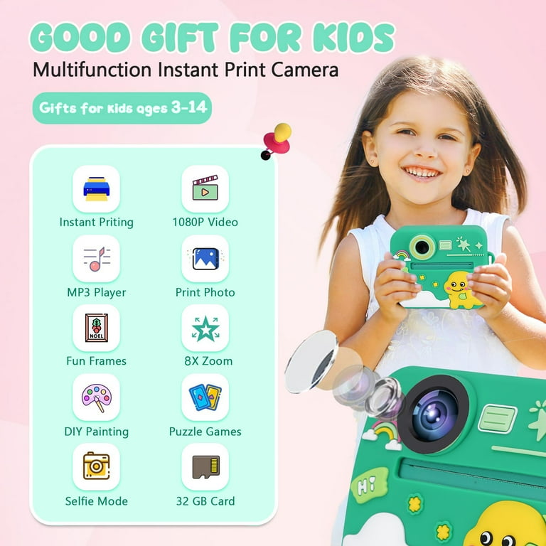 Rongta Kids Camera Instant Print, Digital Camera For Kids With No Ink Print Paper & 32G TF Card, Selfie Video Camera With Color Pens For DIY, Fun Gift For Girls Boys 3-14