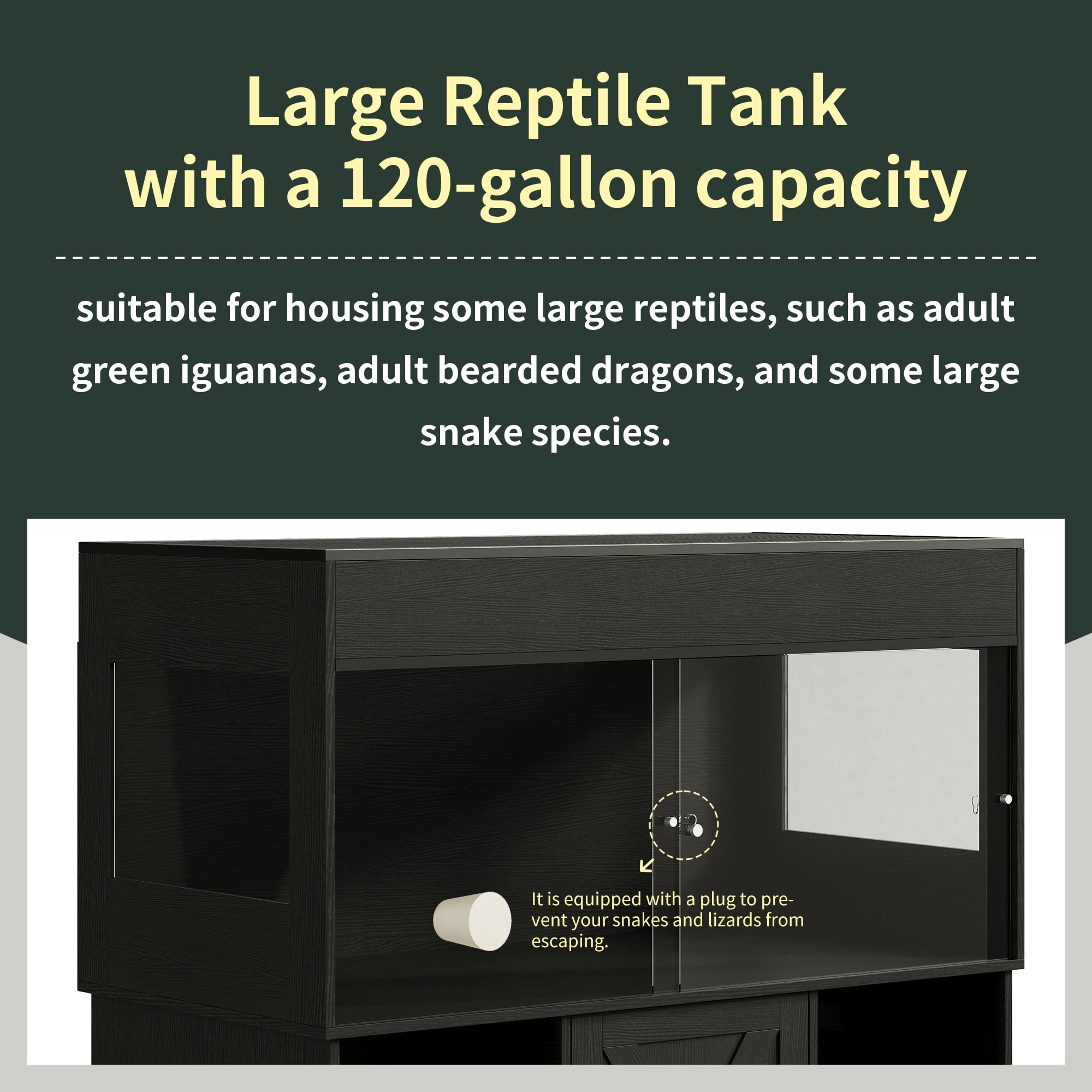 Herture 120 Gallon Reptile Tank with Stand, 4x2x2 Terrarium Enclosure for Bearded Dragons, Snakes, Lizards ?Sliding Acrylic Doors, Mesh Top, Storage Cabinet, Built-in Power Outlet Black PX01RTB