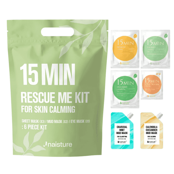 Naisture 15-Minute Rescue Me Kit - 6-Piece Korean Skincare Gift Set for Women (Cica, Turmeric, Tea Tree, & Mud Masks)